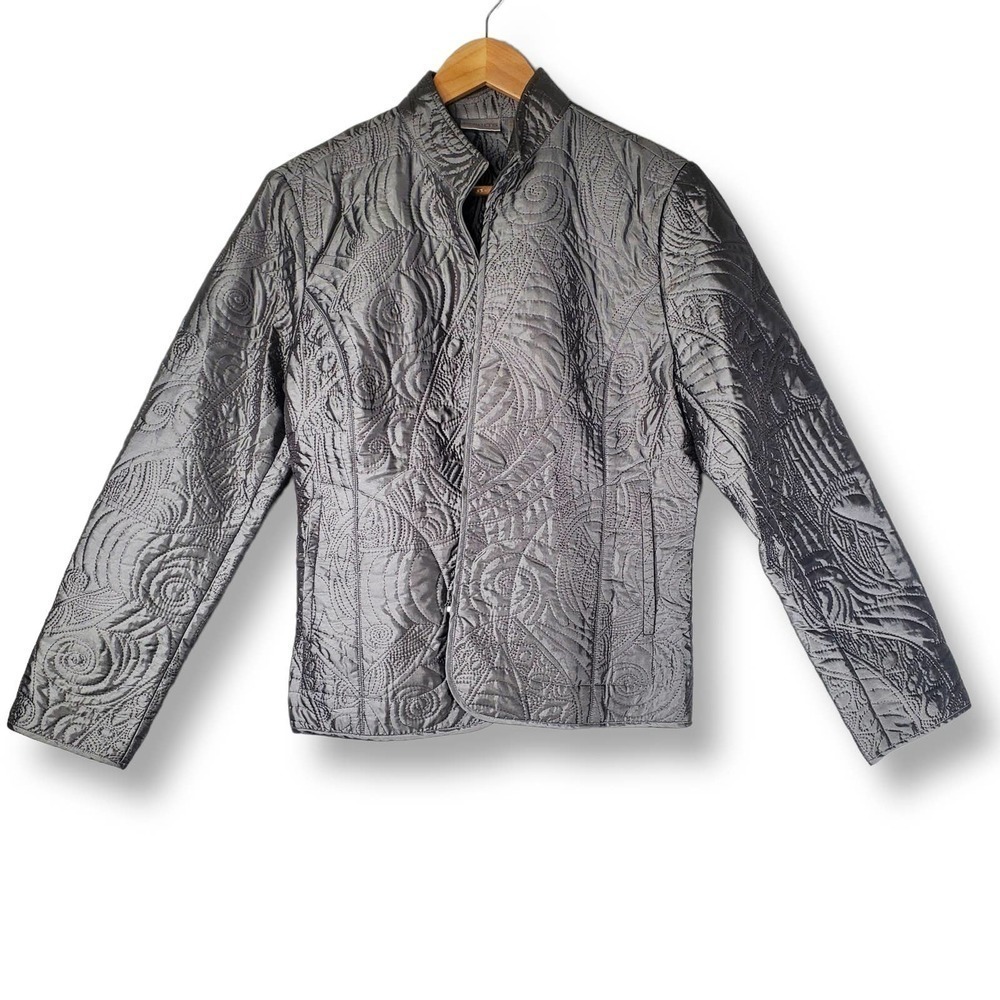 Chico's Irvine Quilted Zip Up Jacket Gray Silver Size 1 / Medium